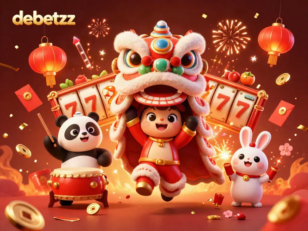 Join the celebration at debetzz as the lion dance captivates players amidst vibrant casino elements.