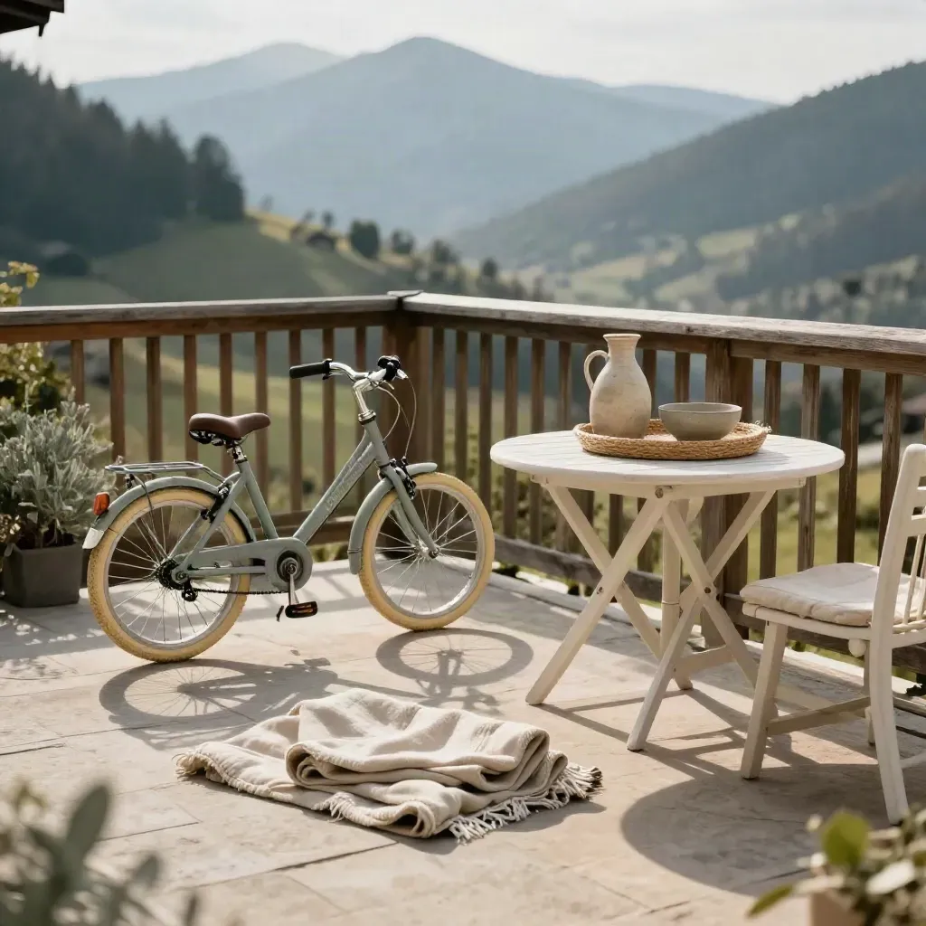 Familien-Terrasse mit zwei Kinderfahrrädern, Picknickdecke und Balkontisch in den Bergen