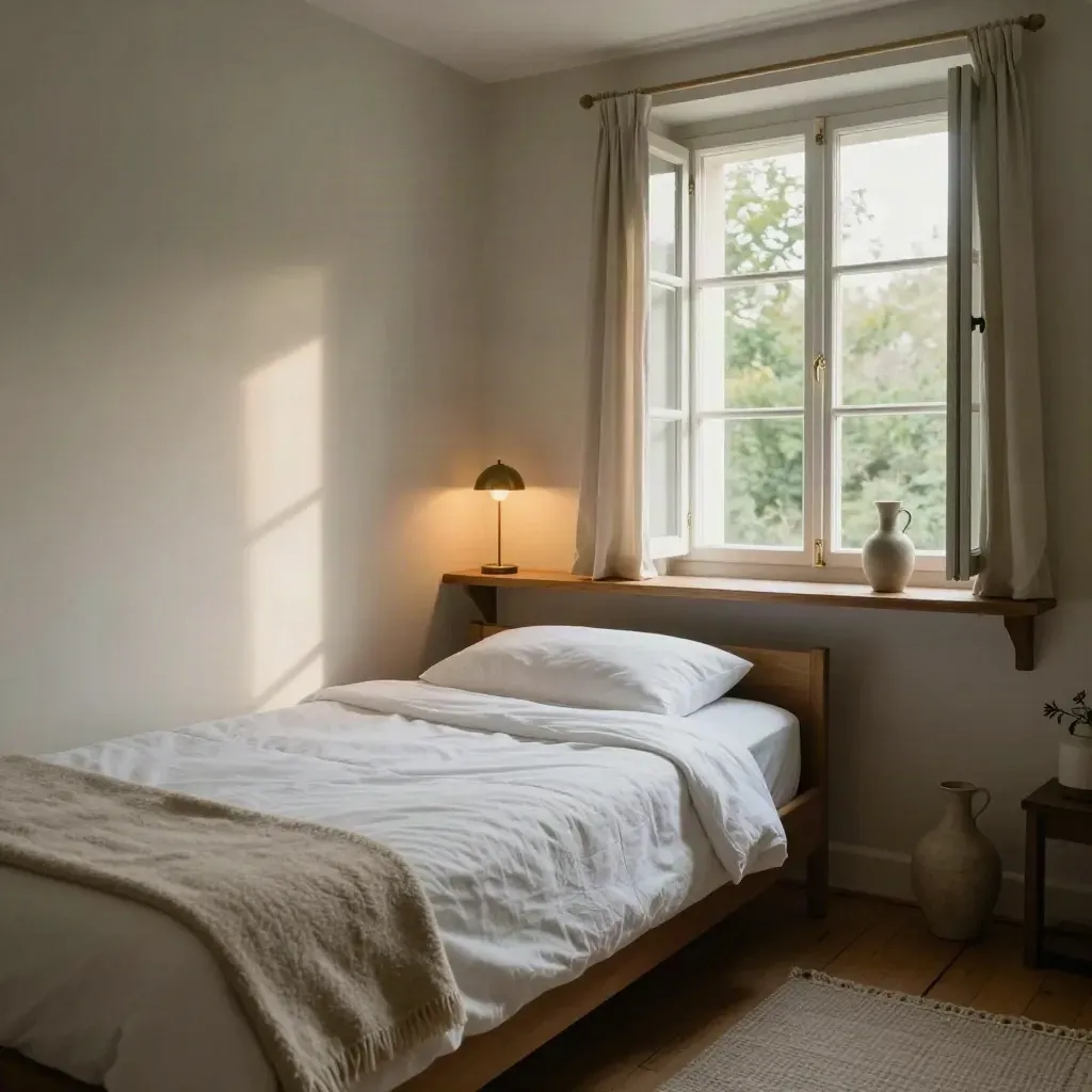 Kleines Gästezimmer mit gemachtem Einzelbett, Wolldecke, Lampe und offenem Fenster zu Bäumen.