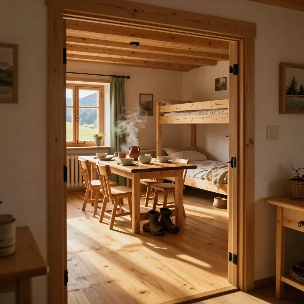 Bayerische Ferienwohnung mit Holzboden, Stockbett, Tisch und Wanderschuhen im warmen Abendlicht.