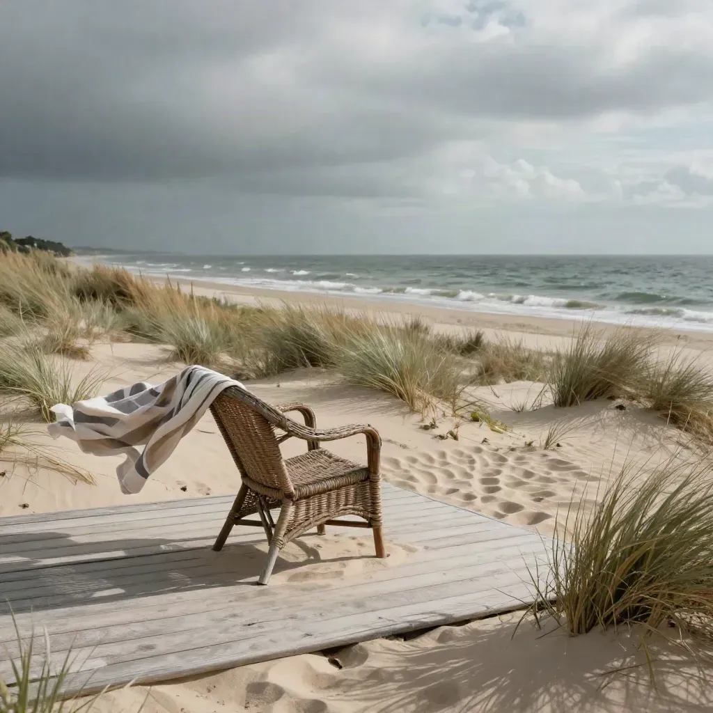 Düne auf Terrasse mit Korbstuhl, wehenden Streifenhandtuch und Strandgras bei grauem Seewetter.