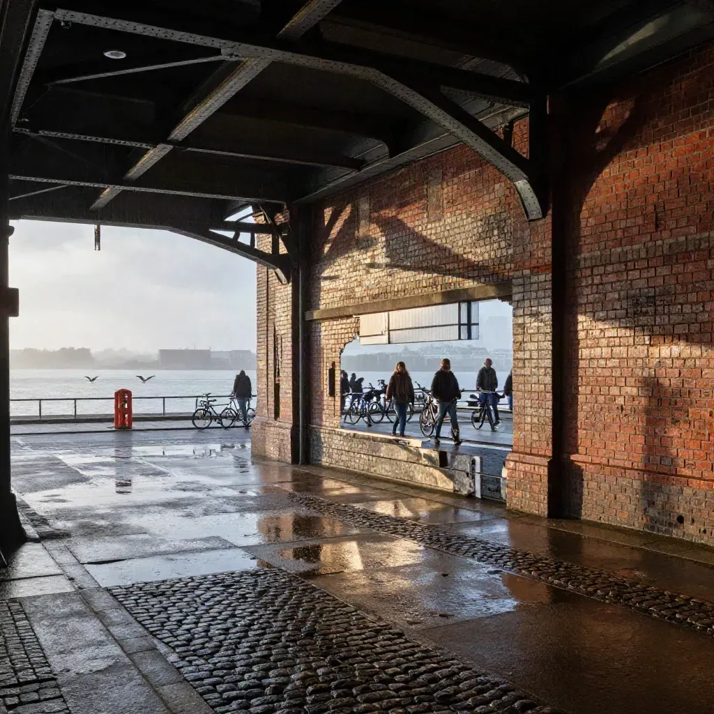 Altonaer Backsteinblock mit Fußgängerbrücke, nassem Pflaster und Hafenwasser im Regenlicht.
