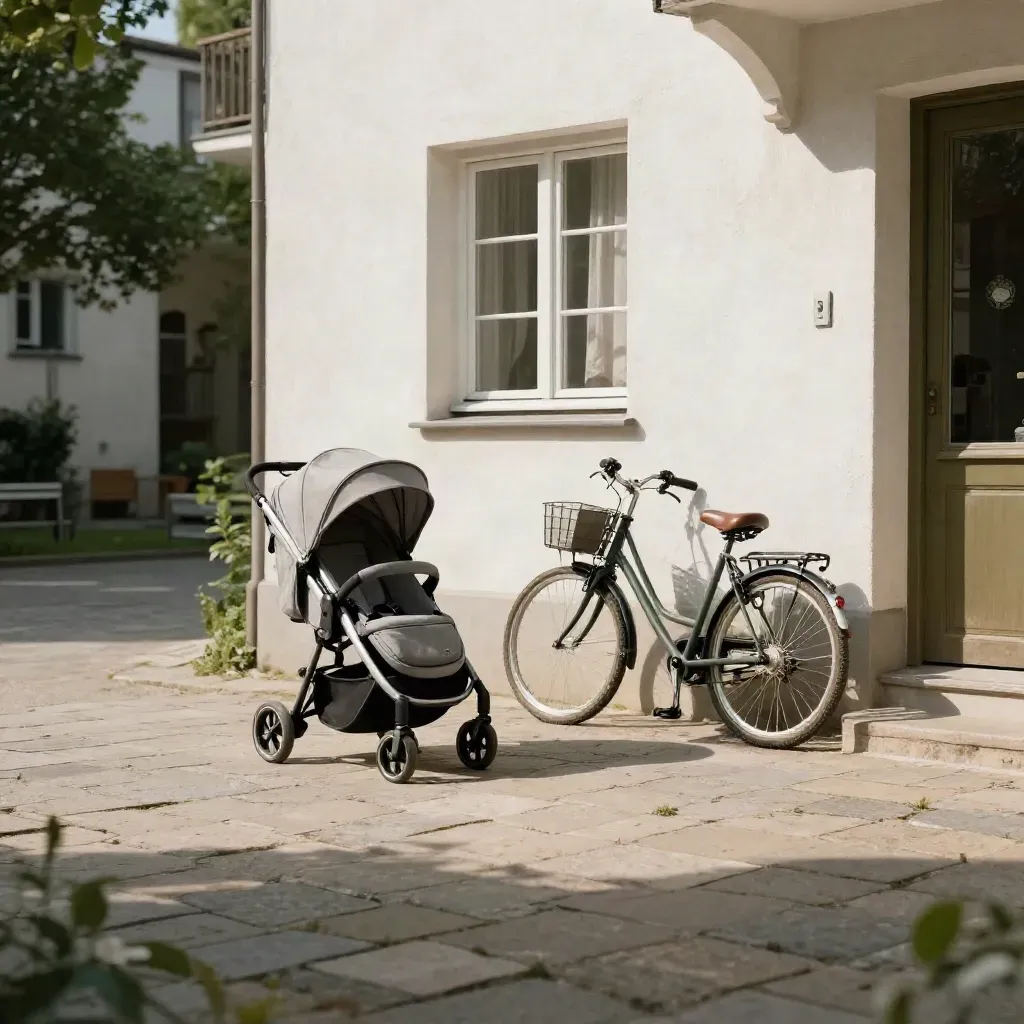 Wohnhof in München-Westend mit Kinderwagen, Fahrrädern und sonnigem Fenster im Spätsommer.