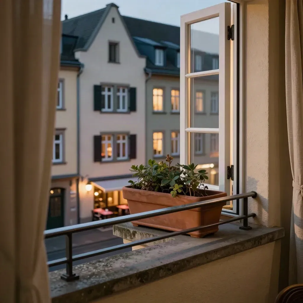 Balkonblick in Köln-Südstadt bei Abendlicht mit offenem Fenster und Caféglow.