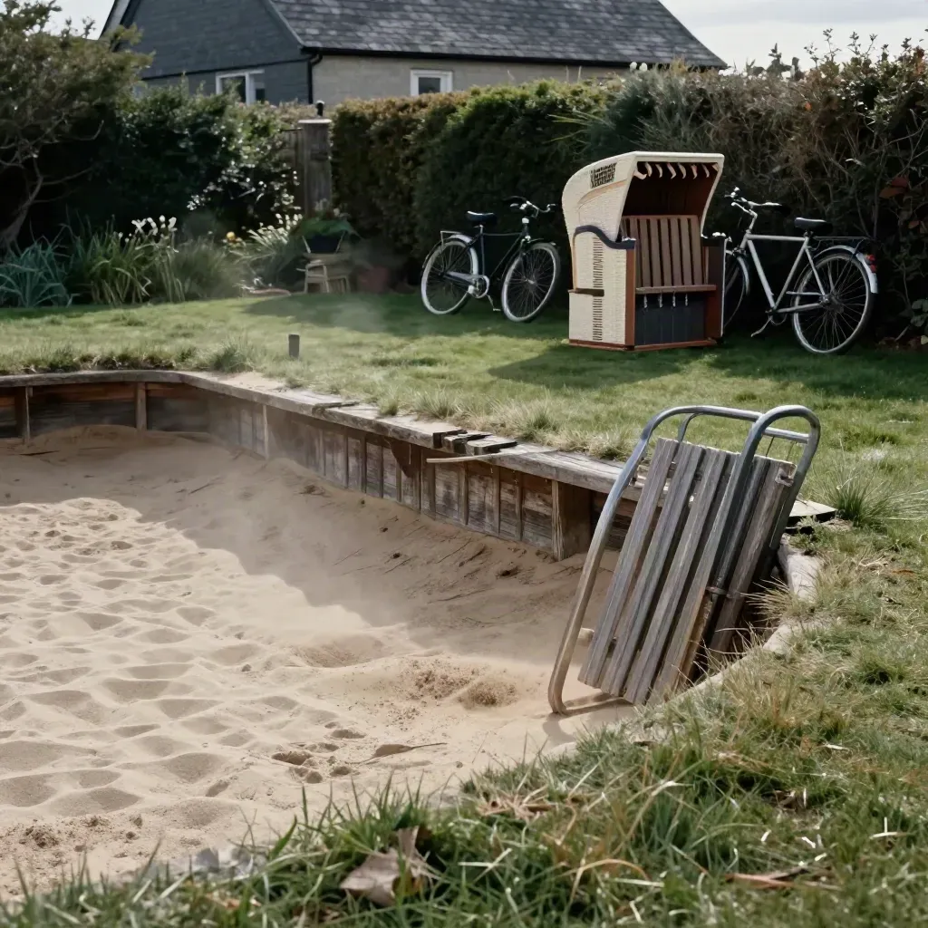 Nordsee-Garten mit Sandkiste, Windschutzzaun, Bollerwagen und Fahrrädern im Wind