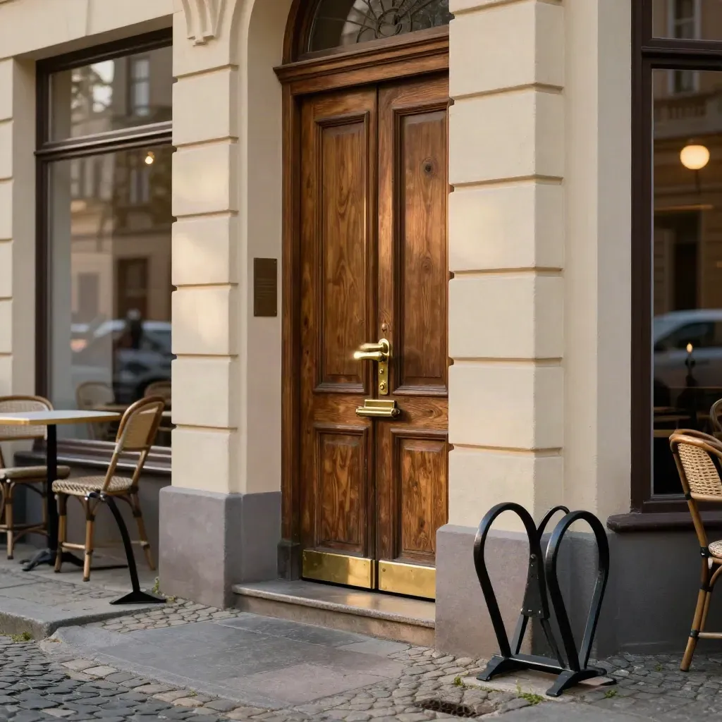 Altbau-Eingang an der Berliner Straßenecke im Morgengrauen mit Fahrradständer und Caféstühlen