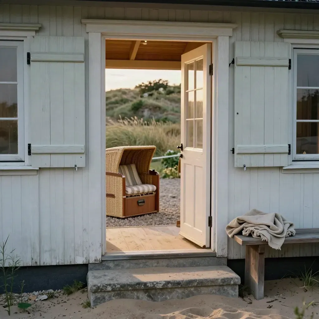 Ostsee-Ferienhaus mit offener Tür, sandigen Stufen und Strandkorb im warmen Abendlicht