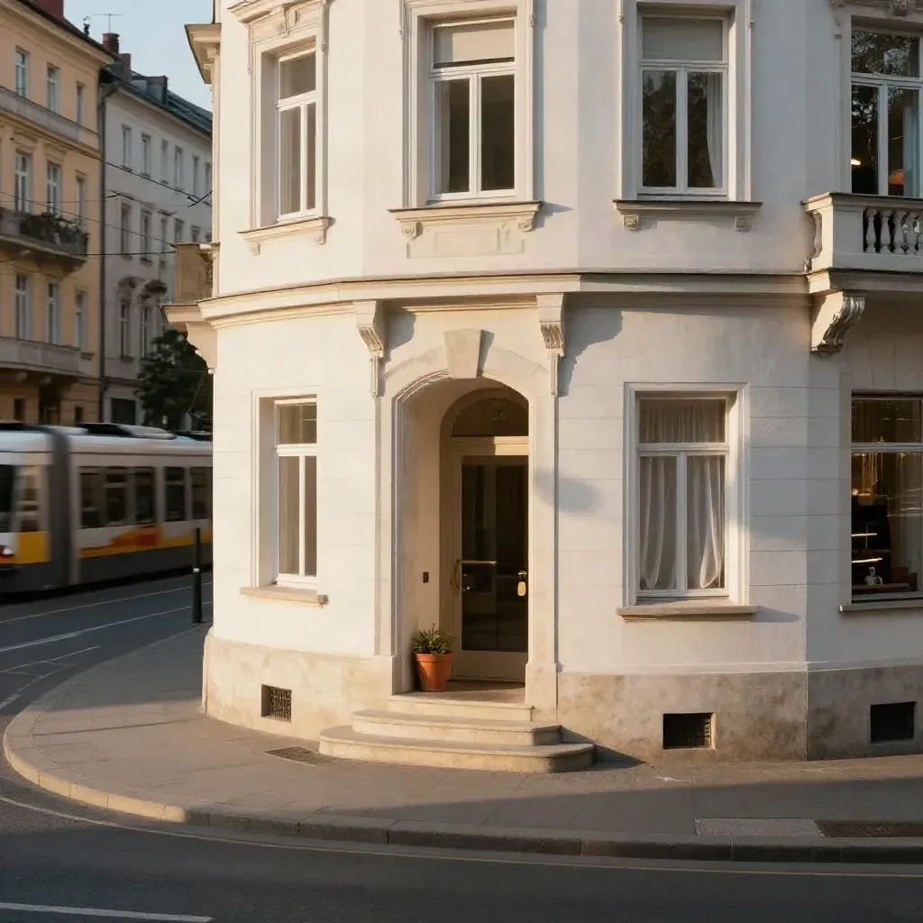 Leipzig-Zentrum-Altbau mit hellen Steinstufen, warmen Fenstern und vorbeifahrender Tram