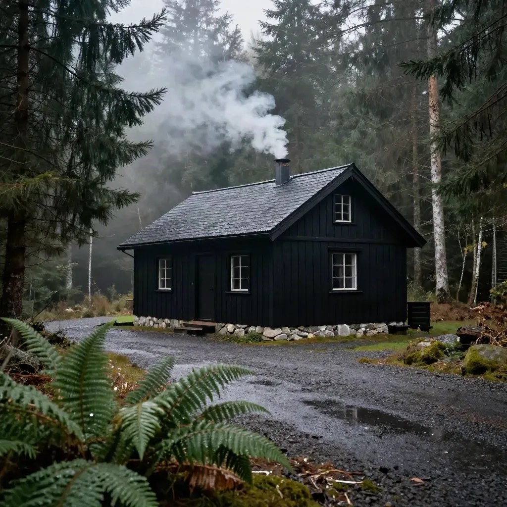Schwarze Holzhütte im Nebelwald mit Rauch und nassem Kiesvorplatz