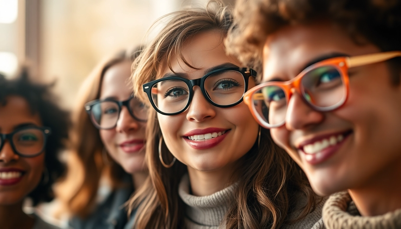 Stylish individuals showcasing Brille Nürnberg designs in a vibrant urban setting.