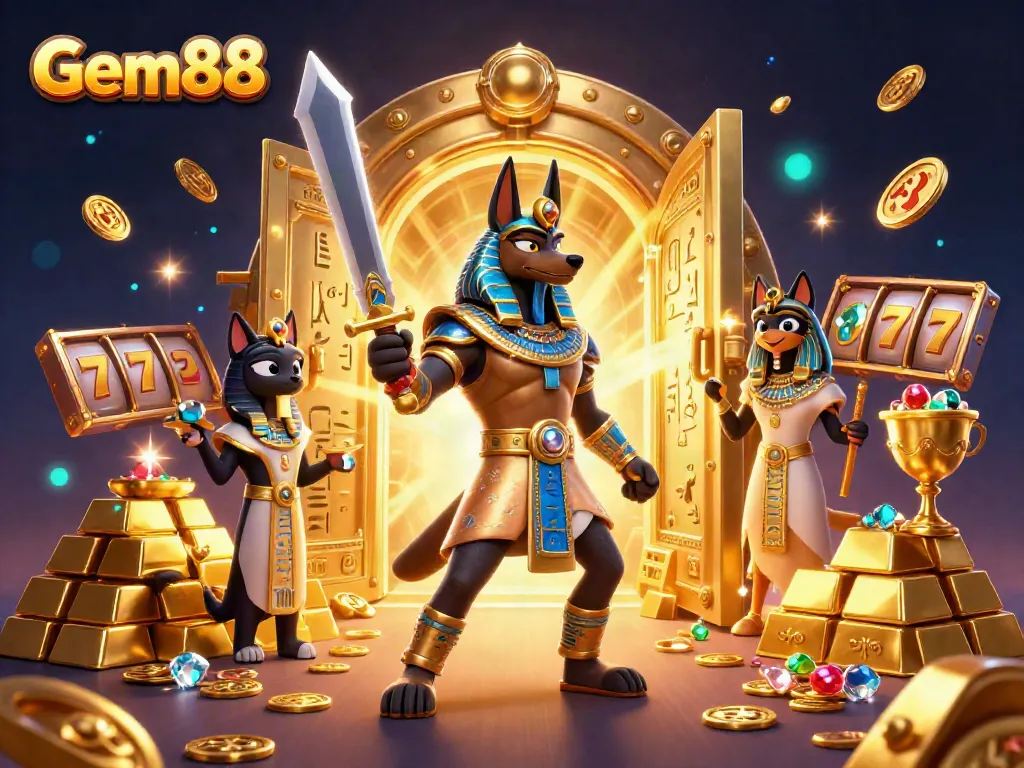 Engage with Gem88's vibrant casino world featuring Anubis, treasures, and slot elements.