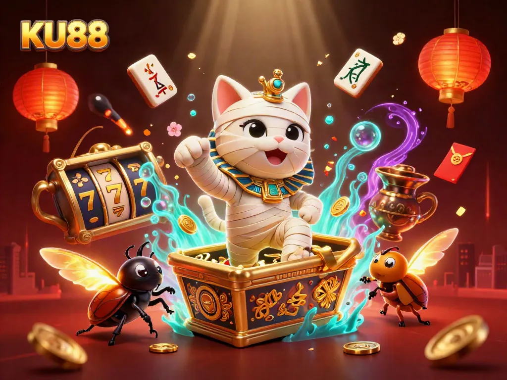 Immerse in the exciting world of KU88, with a 3D animated mummy and golden elements bringing thrilling slots and jackpots to life.