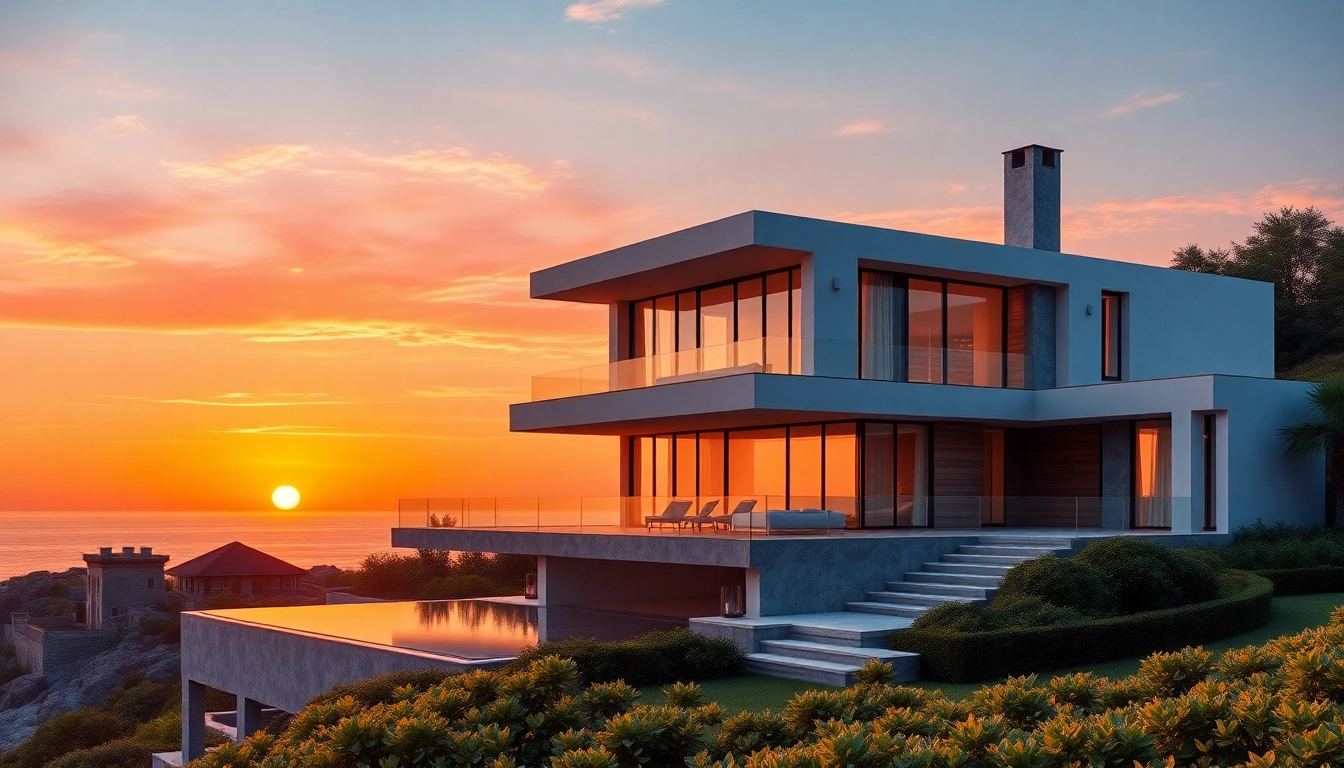 Stunning view of Nordzypern Immobilien showcasing a modern villa with coastal scenery at sunset.