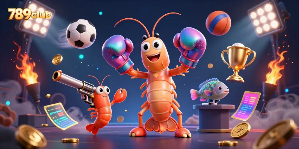 Engage with 789club through an action-packed illustration featuring a mantis shrimp boxer and dynamic sports elements.