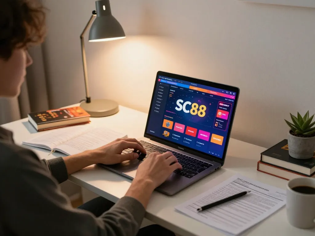 Engage with SC88 via online casino on a cozy couch with strategic notes around