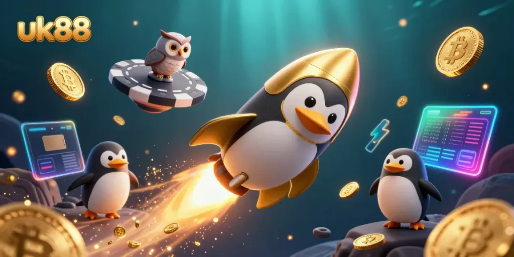 Engage with the thrilling uk88 casino adventure as a golden penguin rockets through a vibrant galaxy, surrounded by crypto tokens.