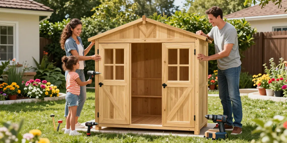 Gartenhaus kaufen bei McGarden24: Familie baut Holz-Gartenhaus im sonnigen Garten zusammen.