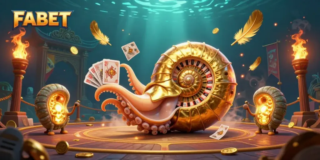Engage with FABET's thrilling games featuring a giant nautilus holding cards amidst gold and ember graphics.
