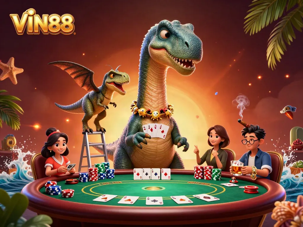 Experience thrilling poker action with VIN88 in a vibrant casino setting featuring a giant brontosaurus!