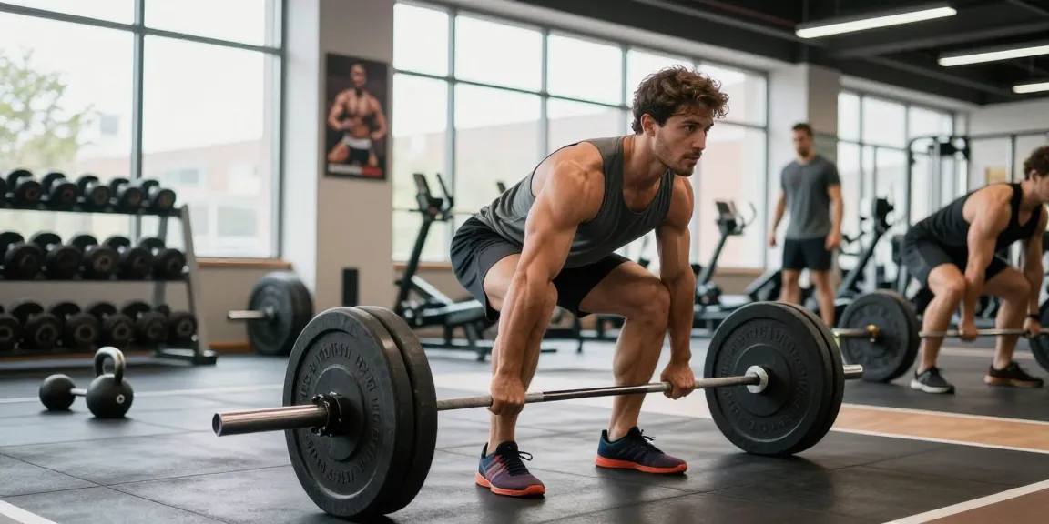 Im Selliza Shop: Athlet beim Deadlifting in hellem modernen Fitnessstudio, motivierende Atmosphäre.