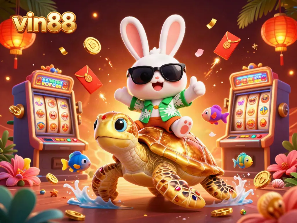 Experience exhilarating wins with vin88’s lucky rabbit on a golden sea turtle amidst vibrant casino elements.