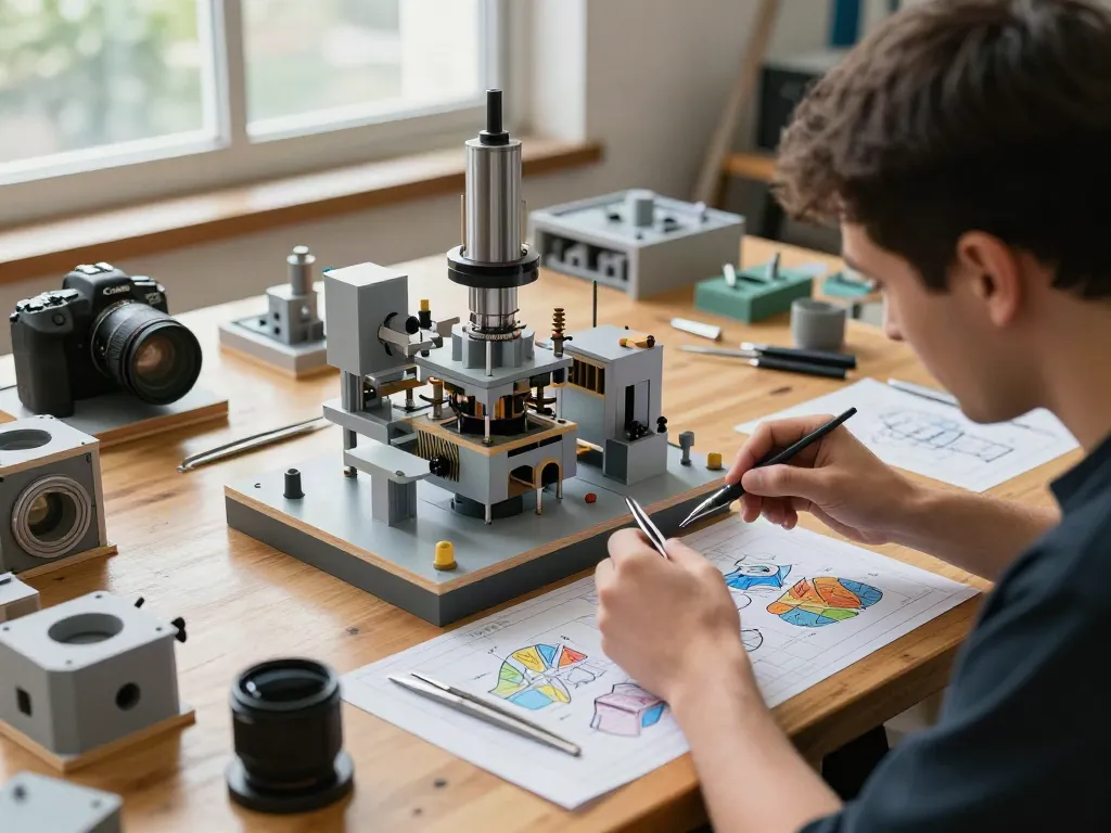 Industriemodellbau: Präzisionsmodellbauer arbeiten an einem detailreichen industriellen Modell in einem hellen Workshop.