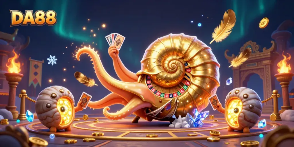 Engage with DA88 in a vibrant casino setting featuring a nautilus roulette wheel and dynamic gameplay elements.