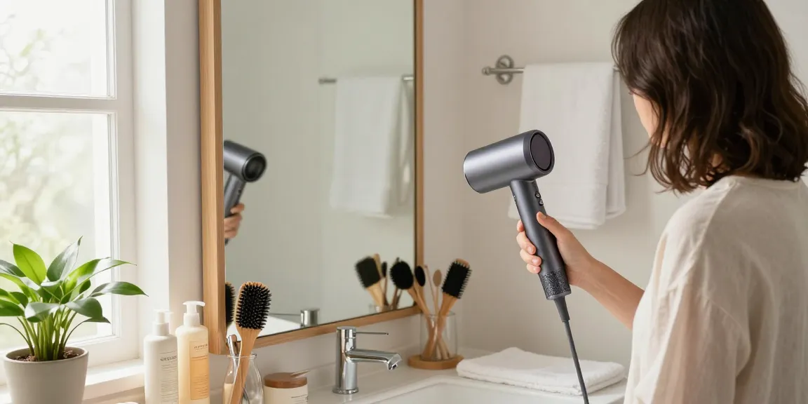 Efficient compact hair dryer in a bright bathroom setting, perfect for stylish grooming routines.