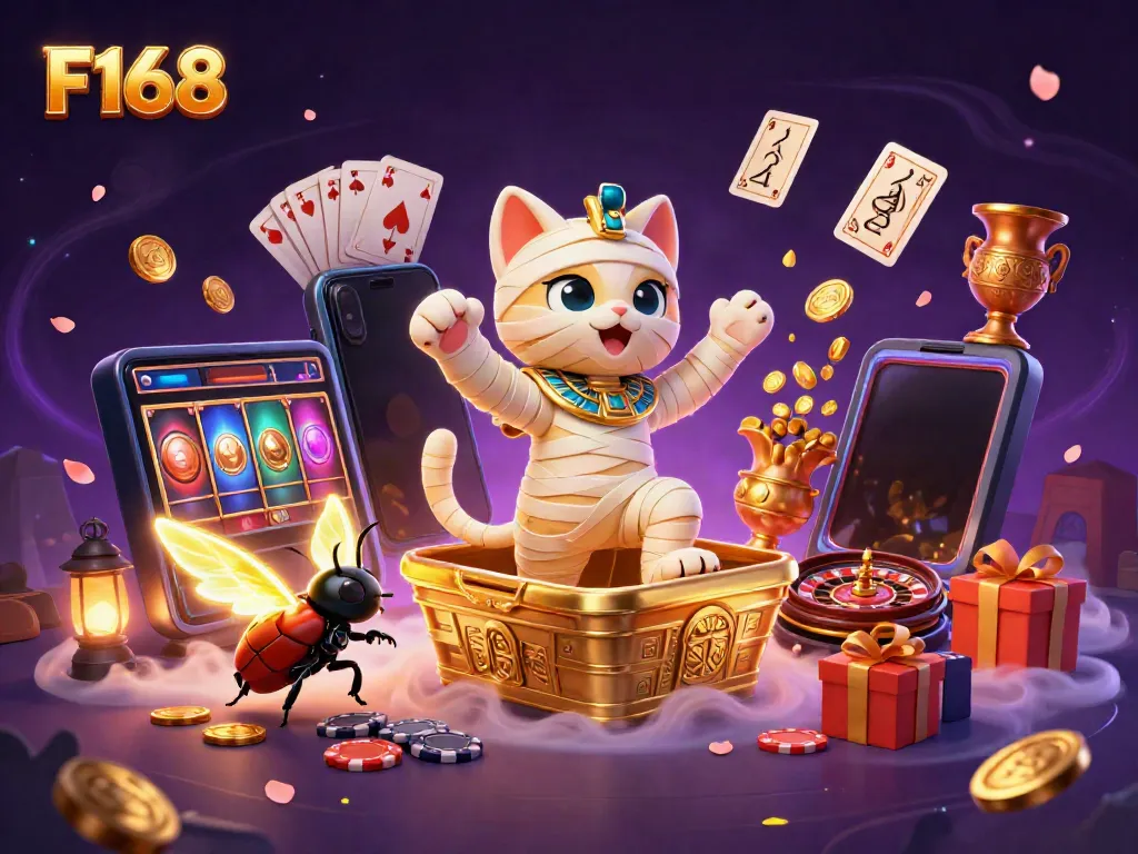 Experience thrilling games at F168 with a lively Egyptian mummy cat in a vibrant casino setting.