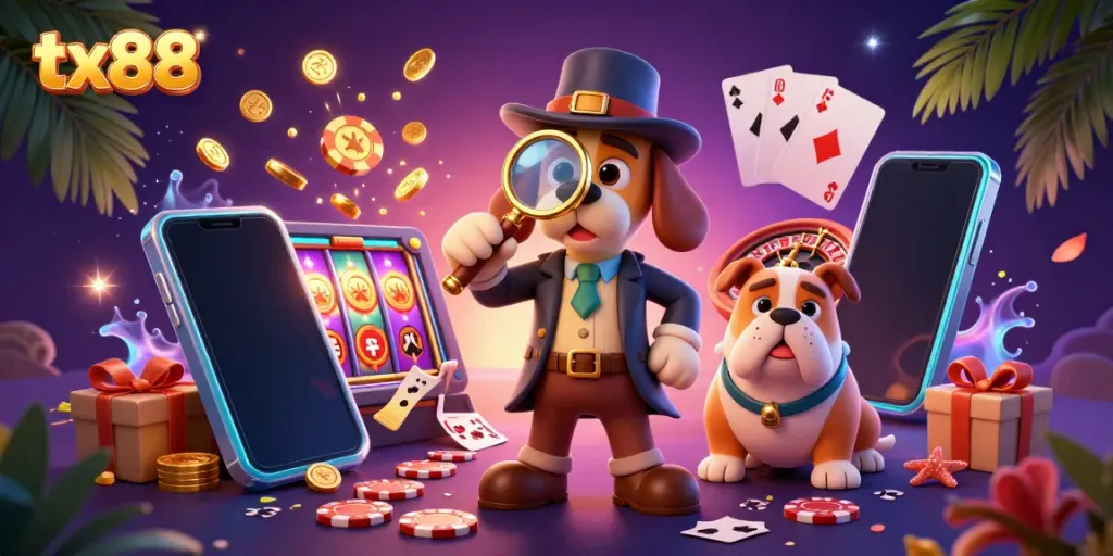 Engage with tx88's dynamic casino world through this vibrant illustration featuring detective characters and gaming elements.