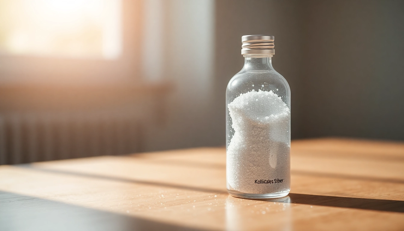 Kolloidales Silber in a clear bottle showcasing shimmering silver particles, highlighting its purity and health benefits.
