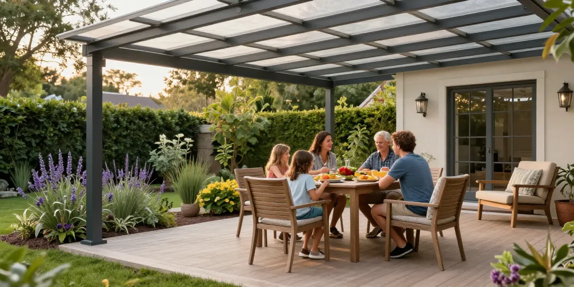 Familie genießt ein Essen unter einer Terrassenüberdachung aus Aluminium in einem gemütlichen Garten.