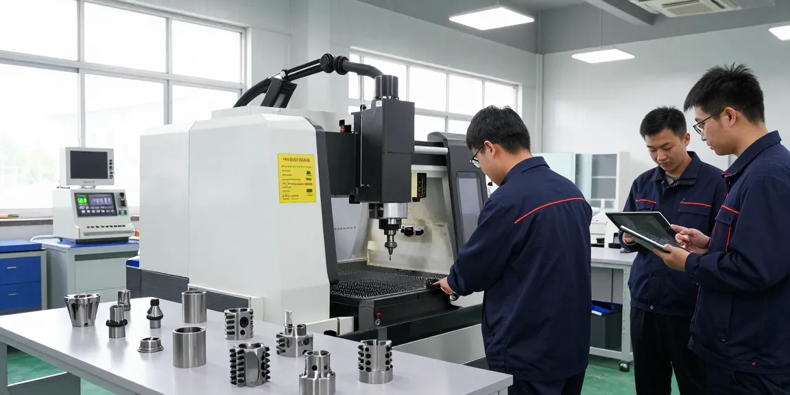 Präzisionstechnik: Fachkraft an CNC-Maschine in modernem Workshop mit präzisen Bauteilen