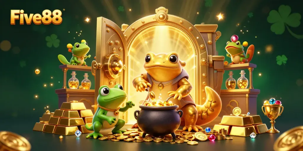 Experience the magic of winning at Five88 with a vibrant alchemist scene, rich with gold coins and treasures.