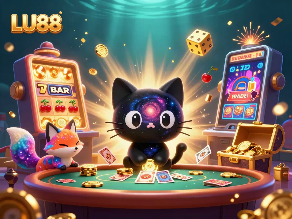 Experience the thrill of LU88 with the cosmic casino scene featuring vibrant elements and energetic characters.