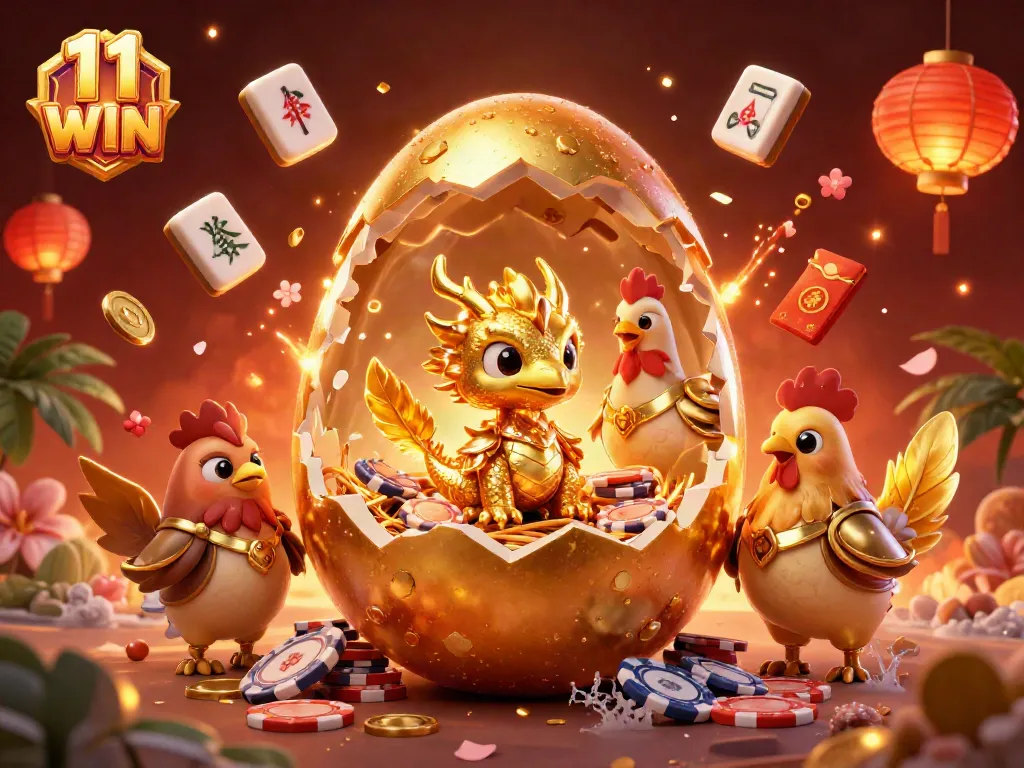 Experience the excitement of 11 WIN with a golden dragon and poker chips in this dazzling casino scene.