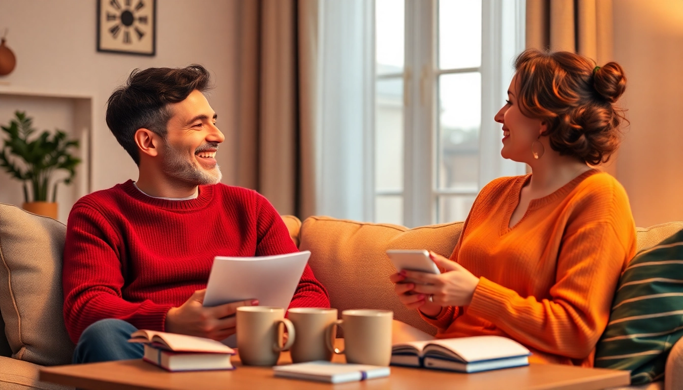 Couple discussing topics from a premarital preparation course with notes and coffee in a cozy setting.