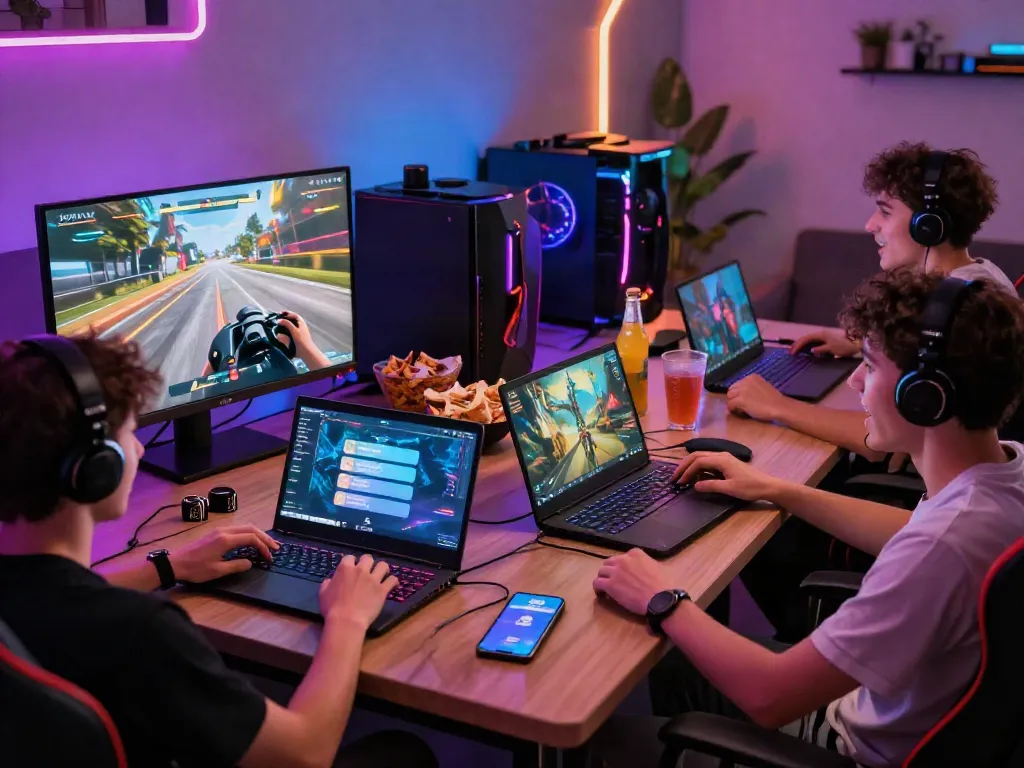 Friends enjoying diverse games on ROKOK88 platform in a vibrant gaming lounge.