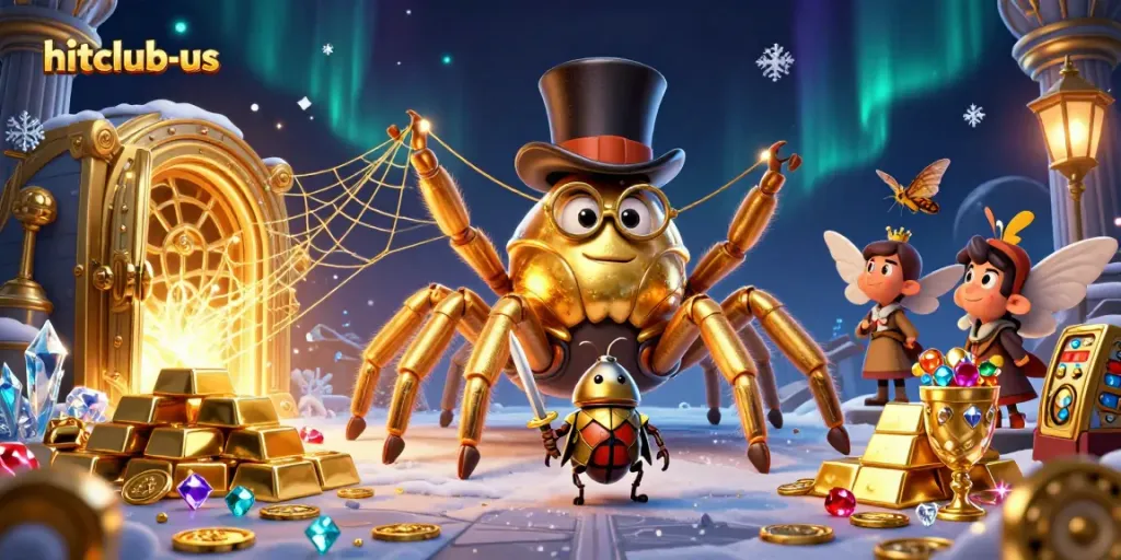Engage with hitclub-us through a vibrant 3D casino scene featuring a golden tarantula and knight amidst riches and excitement.