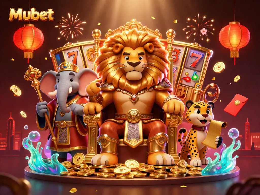 Experience the excitement of Mubet with a fierce lion king and vibrant casino elements in a dynamic scene.