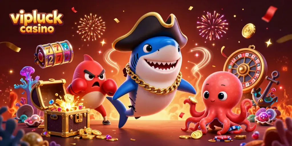 Experience the excitement of vipluck casino with a dynamic underwater themed illustration showcasing slot reels and vibrant characters.