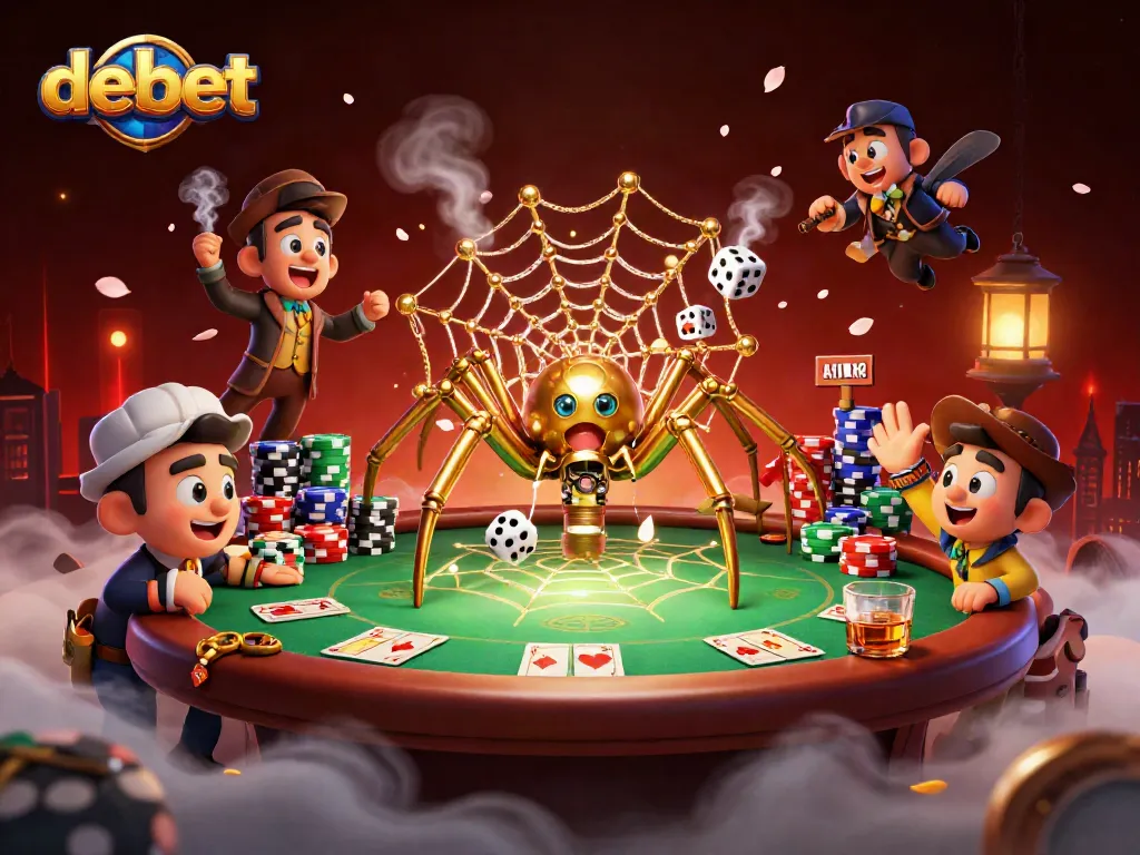 Engage in the exciting debet gambling experience with a steampunk spider and a fly gentleman amidst poker elements.