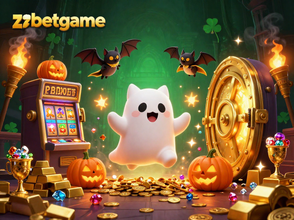 Join the fun at zbetgame's haunted casino with treasures, lively ghost cat, and vibrant scenes.