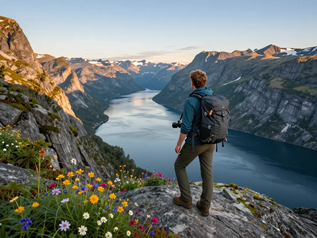 Skandinavien Reisetipps: Reisender genießt atemberaubende norwegische Fjorde bei Sonnenuntergang, der ein Gefühl von Abenteuer weckt.