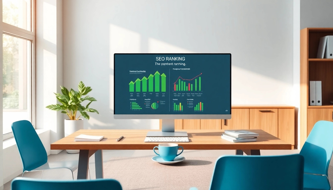 Grafik eines modernen Büro-Setups, das das SEO-Ranking visualisiert und eine kreative Arbeitsumgebung präsentiert.