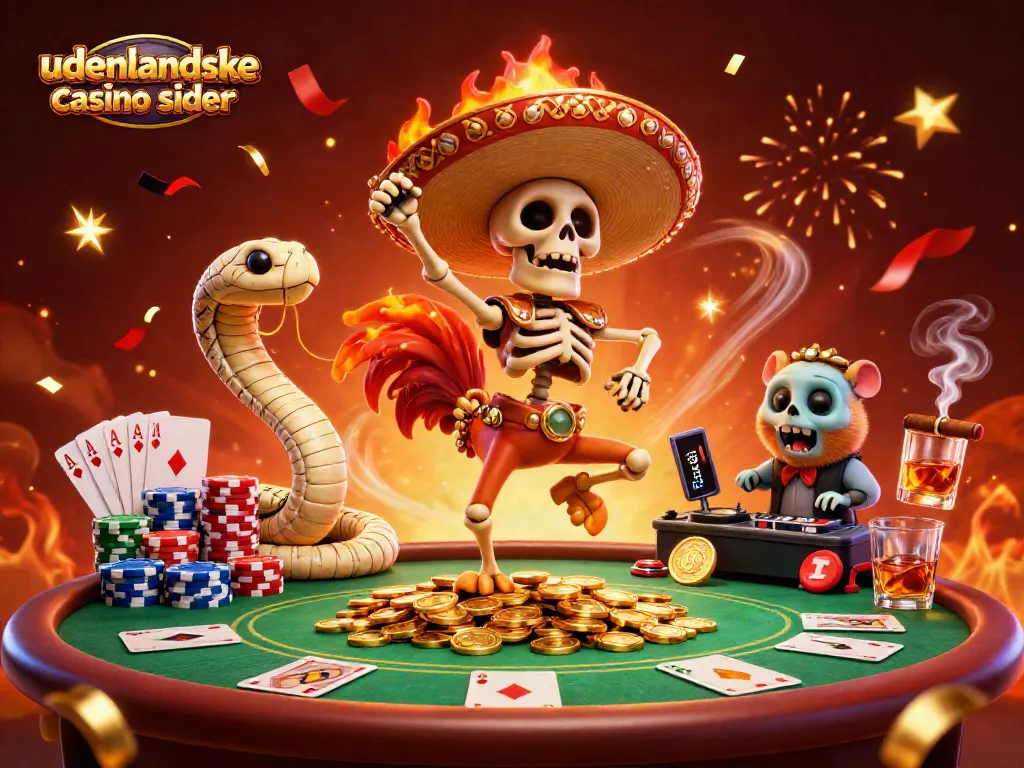 Experience excitement at udenlandske casino sider with vibrant gaming characters dancing amidst poker action.