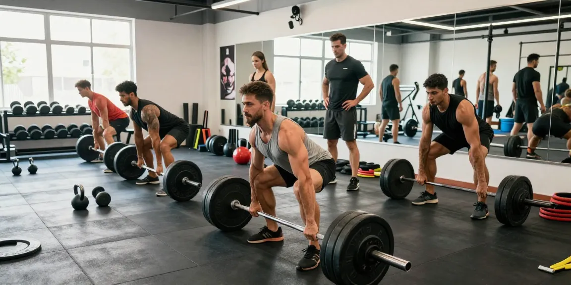 Anabolika Shop: Bodybuilder hebt mit perfekter Technik Gewichte in einem modernen Fitnessstudio, umgeben von Trainingsgeräten und motivierten Kollegen.