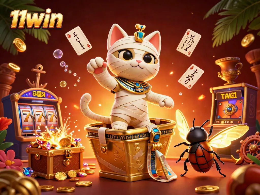Experience the excitement of 11WIN with Egyptian-themed casino characters and vibrant gaming elements.