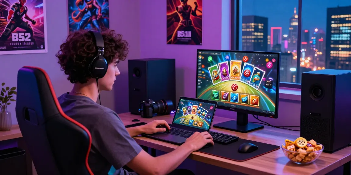 Gamer accessing B52 CLUB online platform with laptop and mobile device, vibrant gaming setup highlighting the excitement of digital games.
