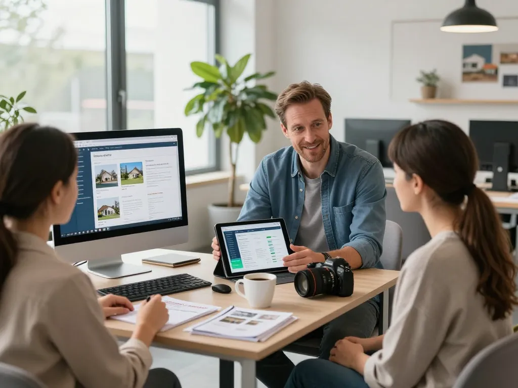 Immobilienexperte Immobilienmakler Frankfurt Preungesheim berät Familien und präsentiert ein einladendes Büro mit Immobilieninformationen.